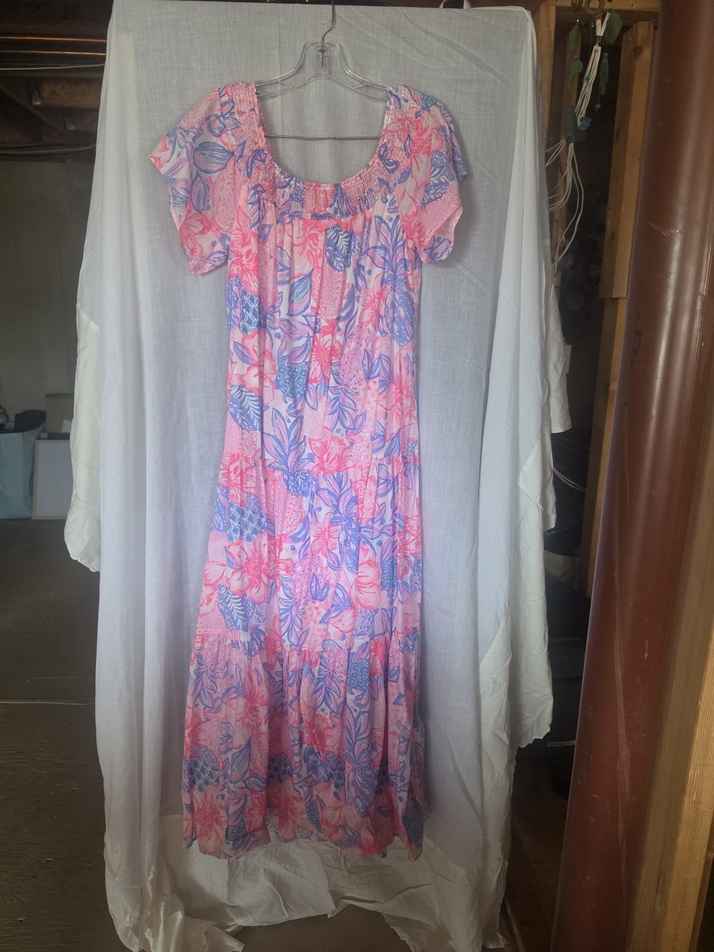 Lilly Pulitzer Pink and Blue Floral Off-Shoulder Maxi Dress